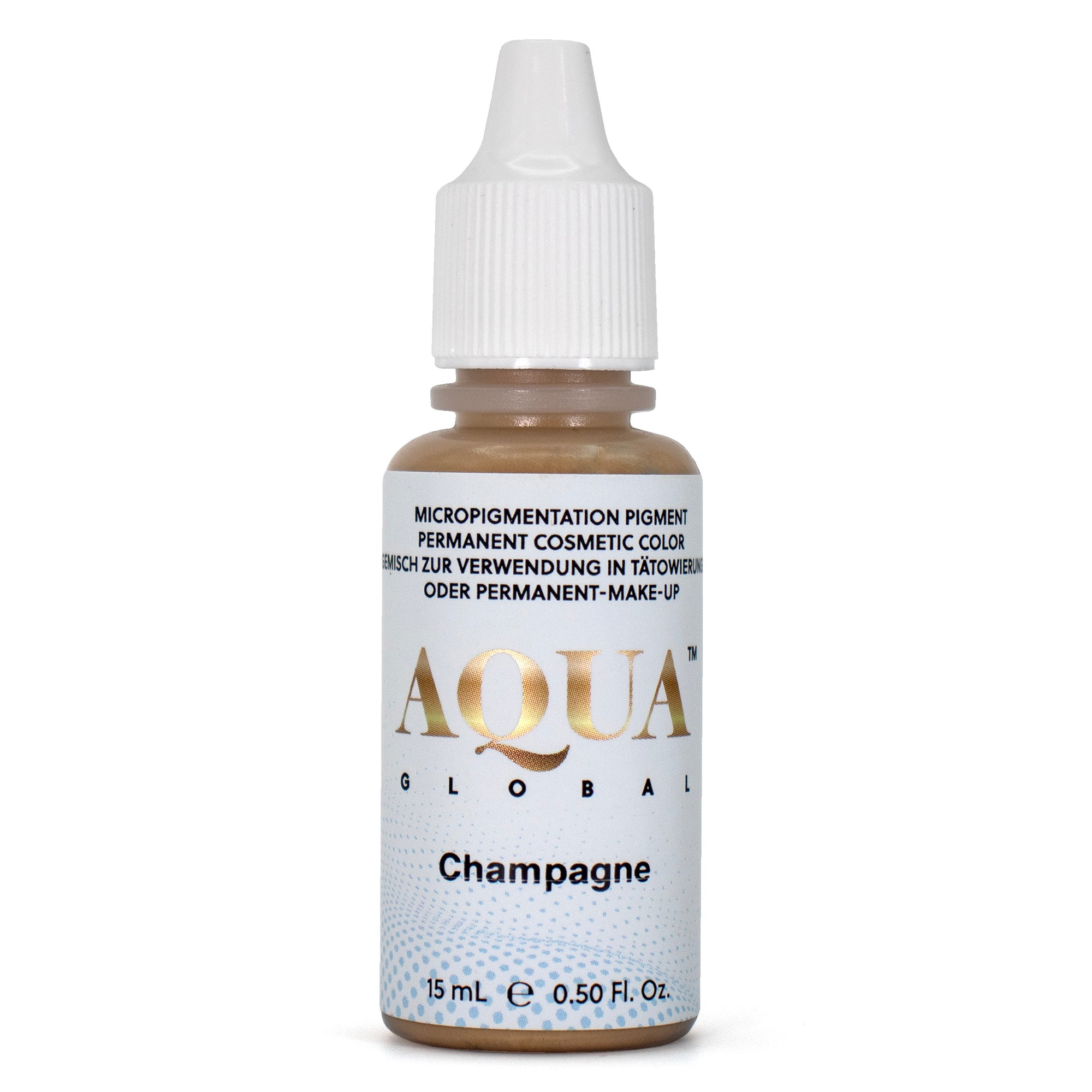 Assorted bottles from the Aqua Global Pigment Collection, showcasing a range of EU REACH compliant colors for permanent makeup applications.