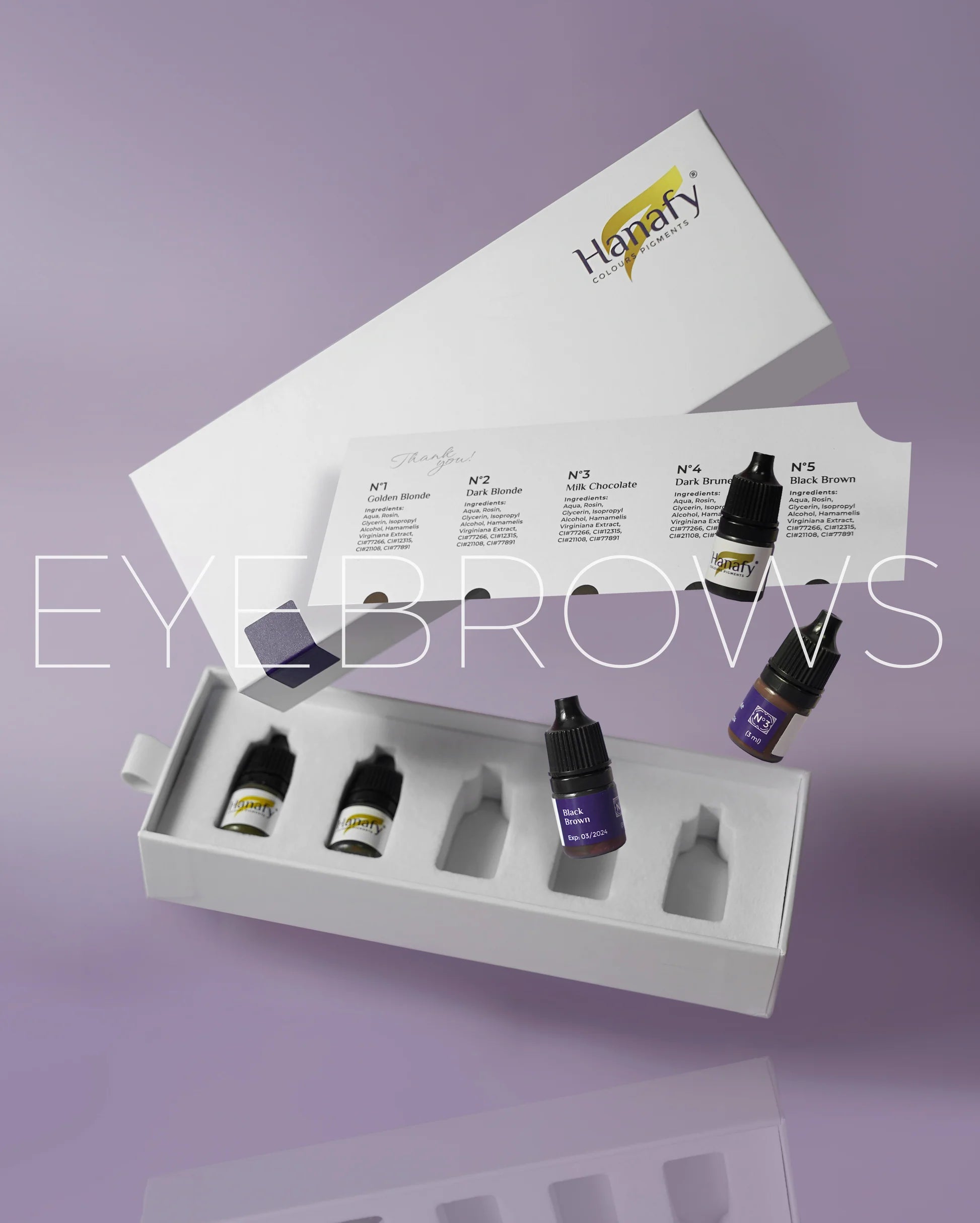 Hanafy Discovery Box featuring a curated set of 3ml eyebrow pigment samples, including five brow shades and Corrector No. 1, displayed in elegant packaging